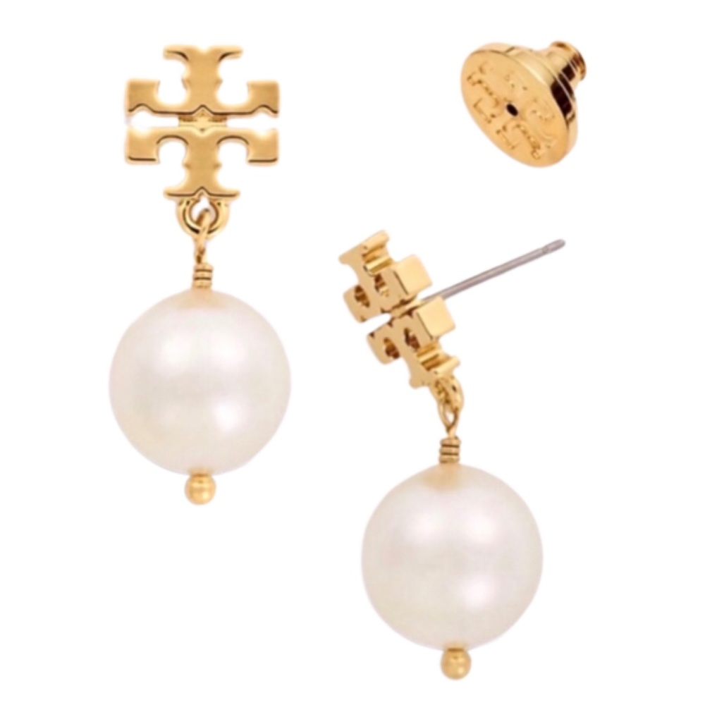 TORY BURCH • Gold Pearl Logo Drop Earrings